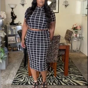 Shein Plus Mock Neck Crop Grid shirt & Skirt Set